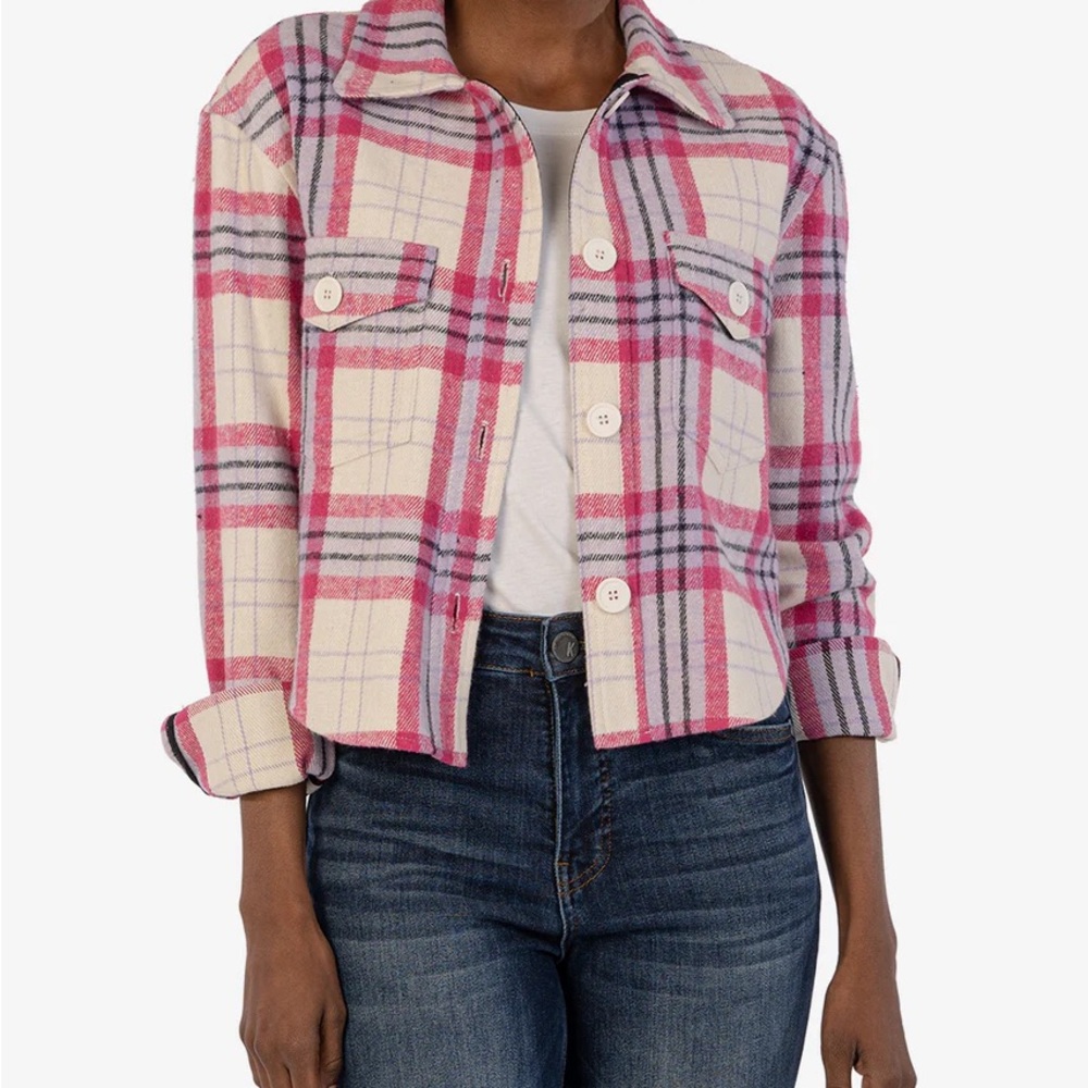 Kut from the Kloth Pink Plaid Crop Flannel Jacket Women’s L
